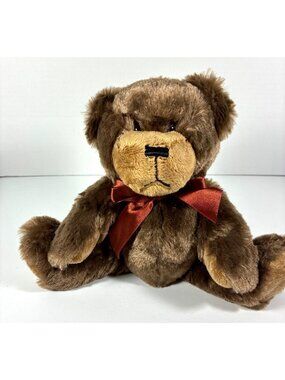 Napco Brown Teddy Bear Plush 8 Inch Seated Red Satin Bow Soft Stuffed Animal